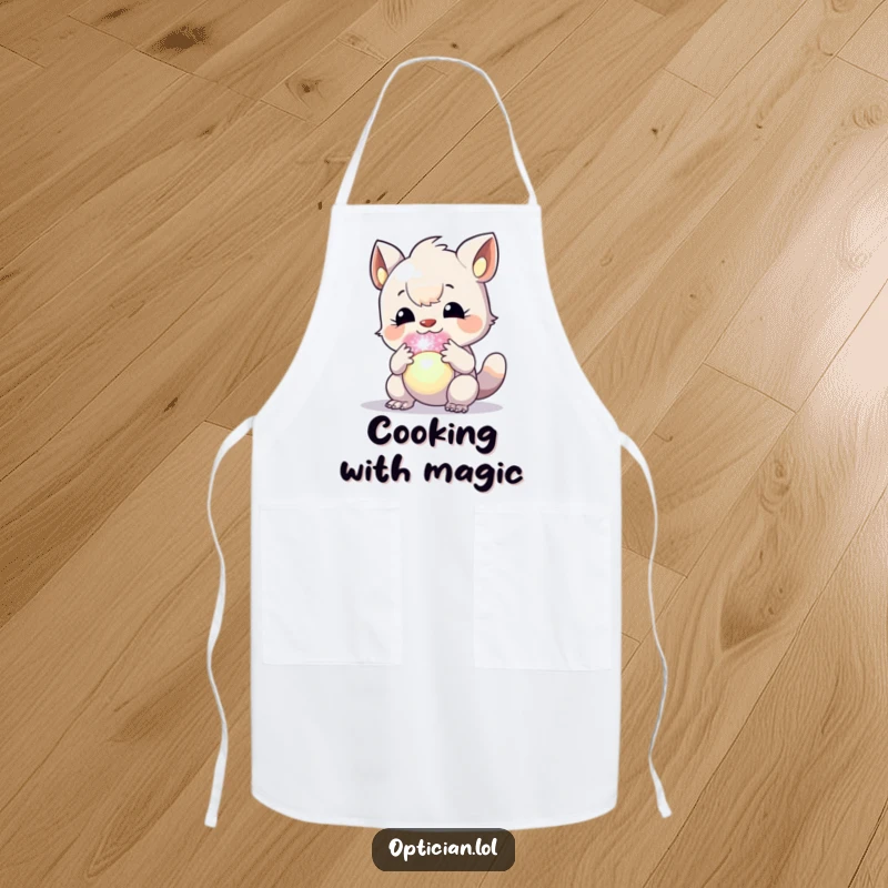 Funny apron featuring a creature intensely peering at a radiant, multi-colored orb, perfect for a curious cook.