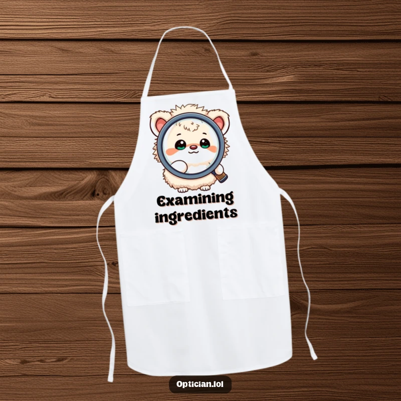Funny apron depicting a small, fluffy creature happily looking through a large magnifying lens, designed for kitchen protection with a humorous investigative theme.