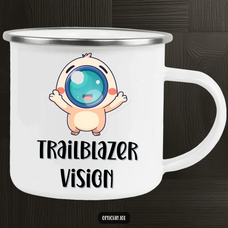 Funny camping mug with an energetic creature presenting a glowing lens, perfect for clear thoughts outdoors.