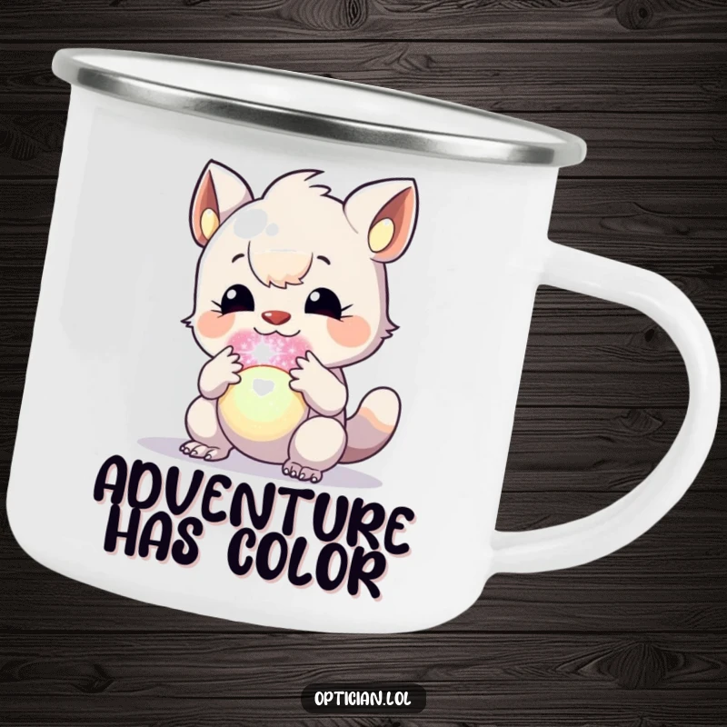 Funny camping mug with an enthusiastic creature focused on a vibrant, colorful orb, great for outdoor contemplation.