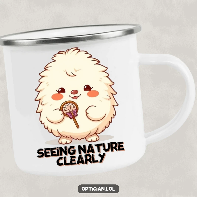 Funny camping mug with a happy fluffy creature holding big glasses, ideal for rugged humor on the go.
