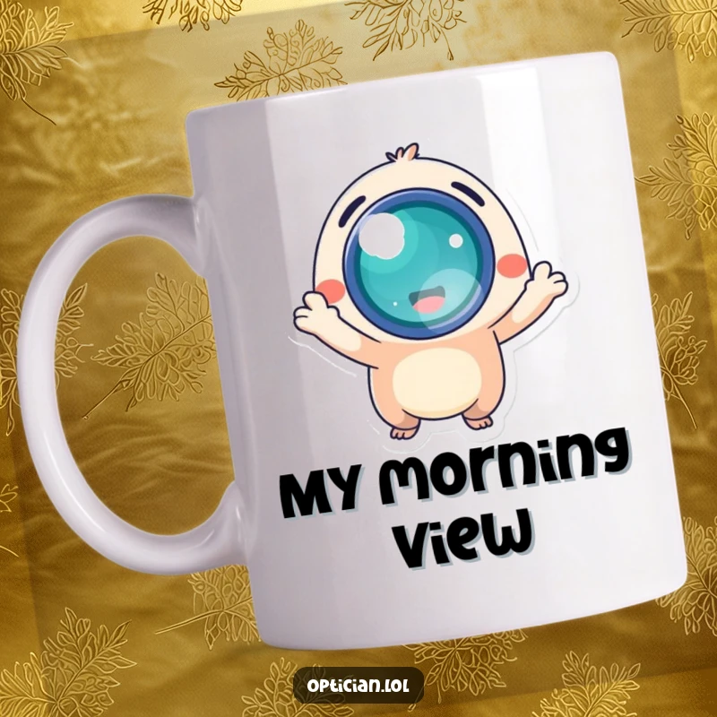 Funny mug showing an energetic creature proudly holding a bright, luminous lens, representing insight and joy.