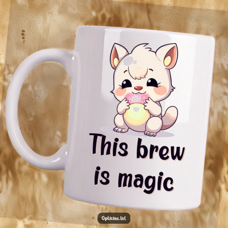 Funny mug with a creature intensely studying a glowing, colorful orb, symbolizing fascination and wonder.