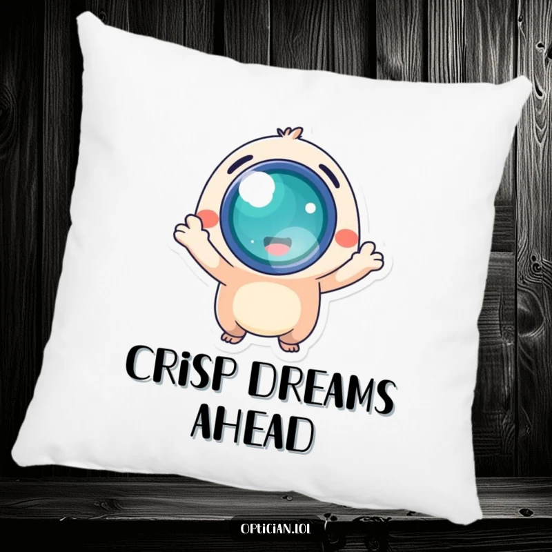 Funny pillow with an energetic creature presenting a luminous lens, bringing soft, uplifting humor.