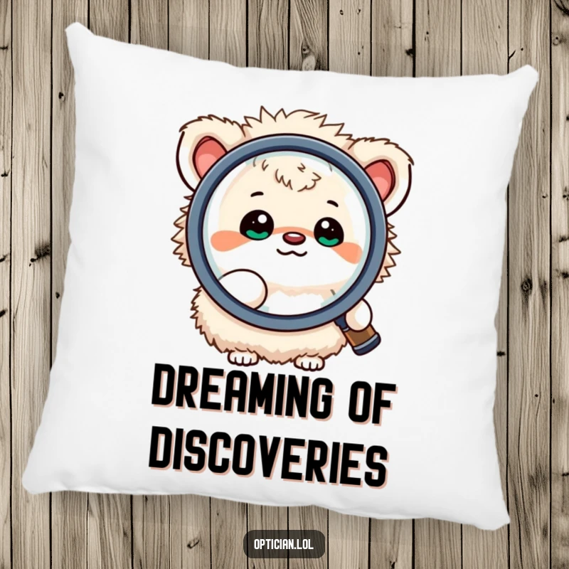 Funny pillow featuring a small, fluffy creature happily looking through a large magnifying lens, perfect for adding comfort and curiosity-themed humor to any room.