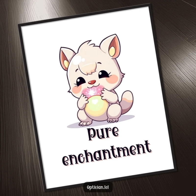 Funny digital art of an excited creature focused on a shimmering, colorful orb, ready to add wonder to walls.