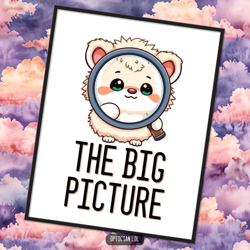 Funny digital art print of a small, fluffy creature happily looking through a large magnifying lens, perfect for instant download and vibrant display.