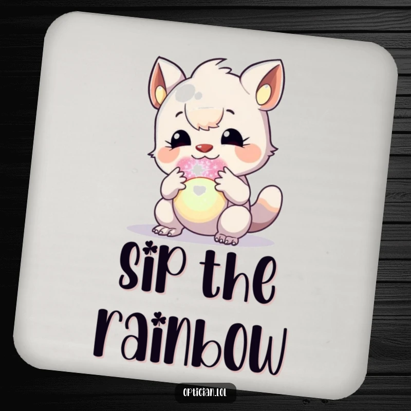 Funny drink coasters featuring a creature intently observing a radiant, colorful orb, protecting furniture with enchantment.