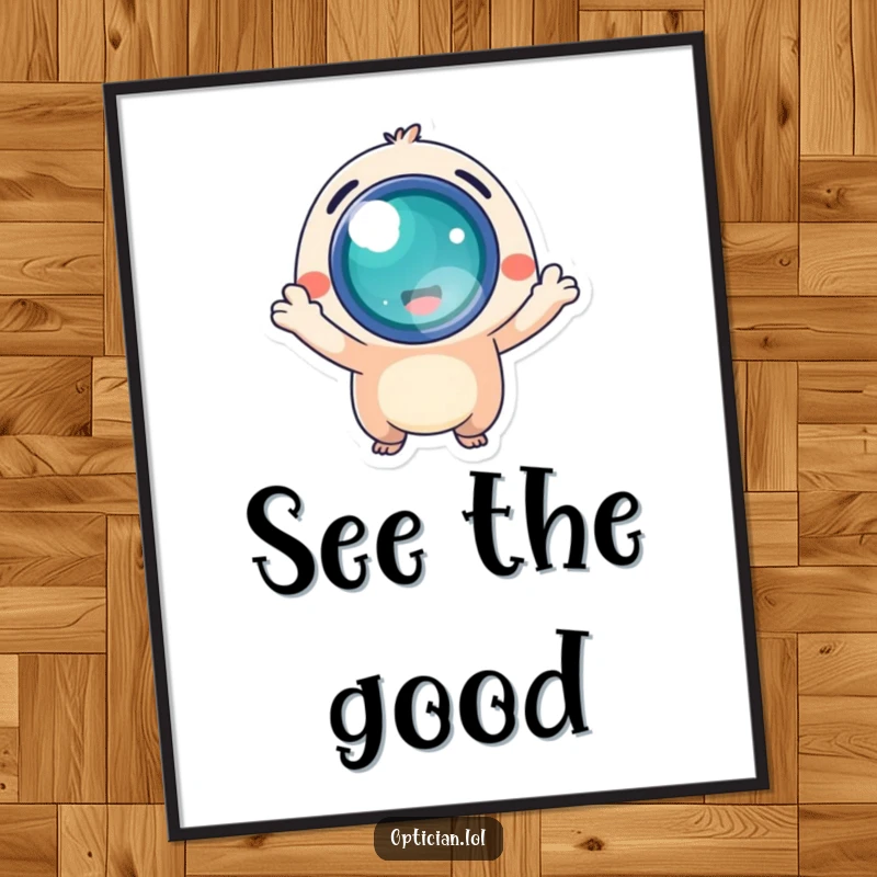 Funny poster featuring an energetic creature proudly displaying a glowing lens, symbolizing clarity and bright inspiration.