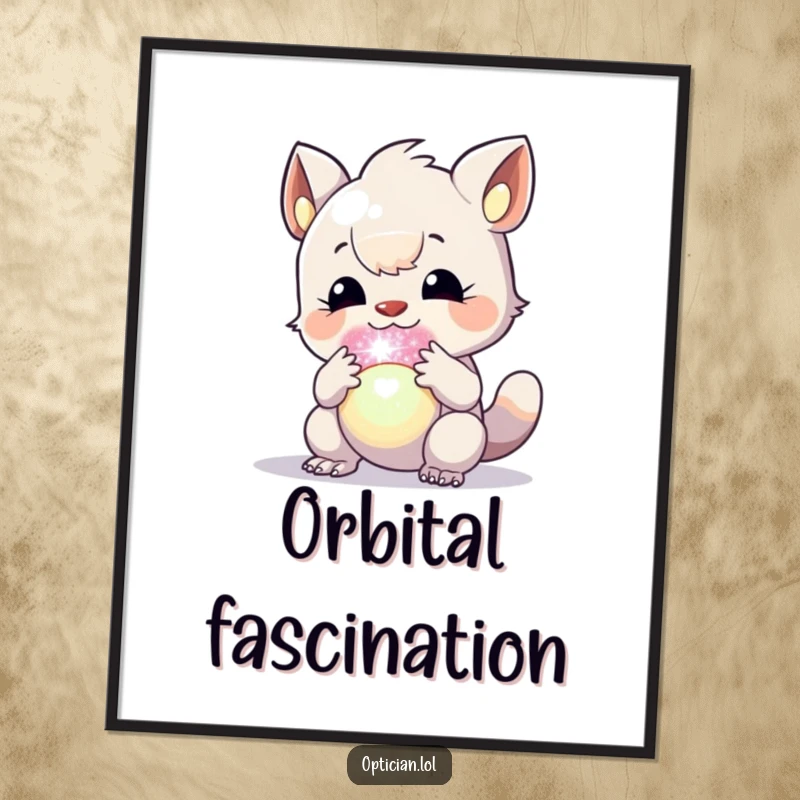 Funny poster depicting a creature deeply focused on a vibrant, glowing orb, creating an atmosphere of magical inquiry.