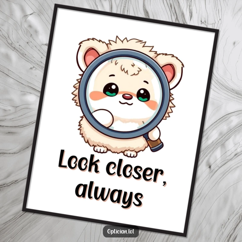 Funny poster artwork of a small, fluffy creature happily looking through a large magnifying lens, capturing the essence of exploration and curiosity with humor.