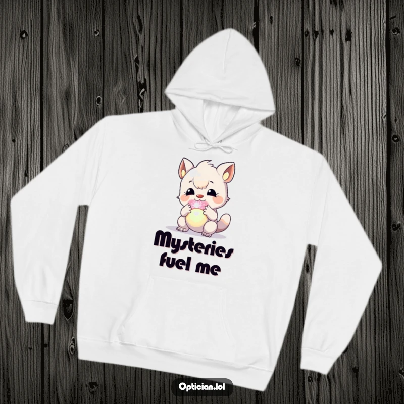 Funny hoodie with an enthusiastic creature focused on a mystical, vibrant orb, perfect for cozy contemplation.