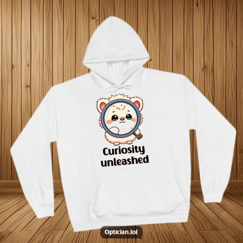 Funny hoodie featuring a small, fluffy creature happily looking through a large magnifying lens, designed for comfort and showcasing a curious, investigative nature.