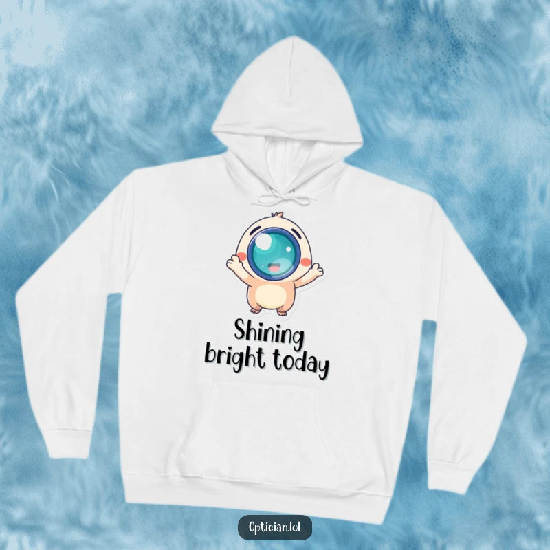 Funny hoodie with an energetic creature presenting a glowing lens, radiating warmth and positive energy.