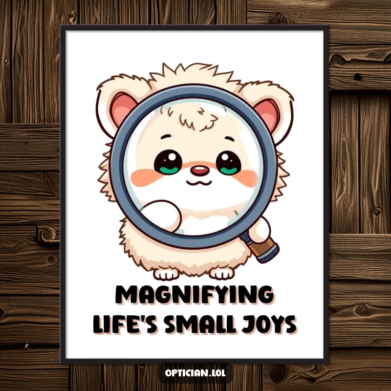 Funny Free Printable Wall Art: Small fluffy creature happily looking through a large magnifying lens, a humorous, detailed artwork.