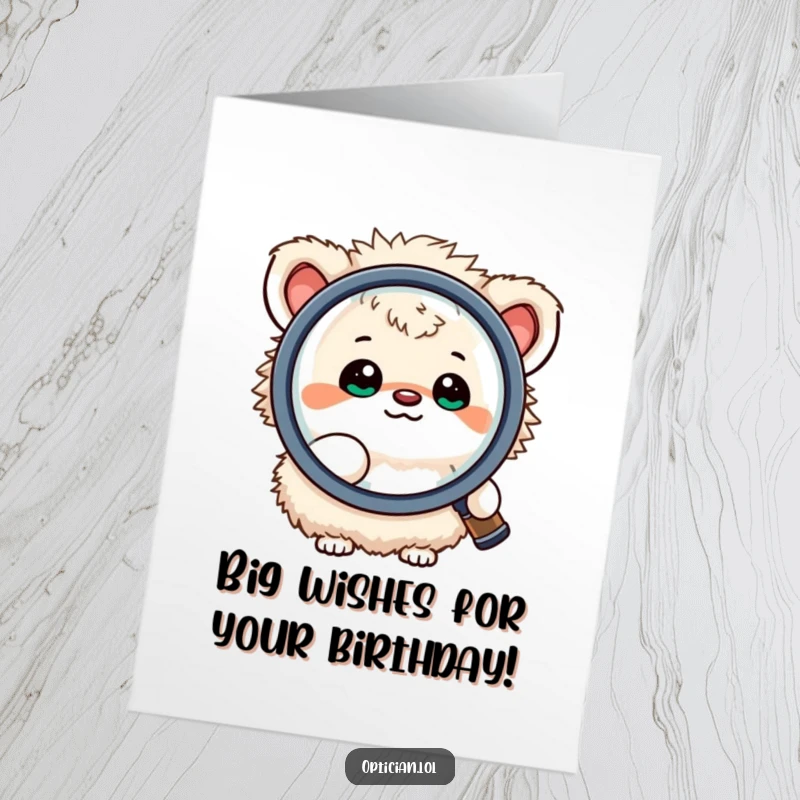 Funny Free Printable Birthday Card: Fluffy creature happily looking through a large magnifying lens, celebrating a birthday discovery.