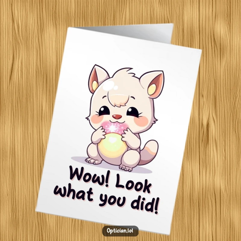 Free Printable Congratulations Card: Creature enthusiastically studying a bright, shimmering, colorful orb, celebrating discovery.