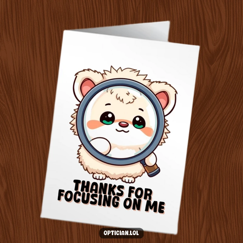 Funny Free Printable Thank You Card: Fluffy creature looking through a large magnifying lens, humorously examining details.