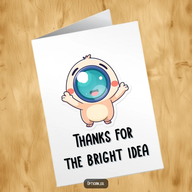 Free Printable Thank You Card: Small, energetic creature joyfully offers a bright, glowing lens in gratitude.