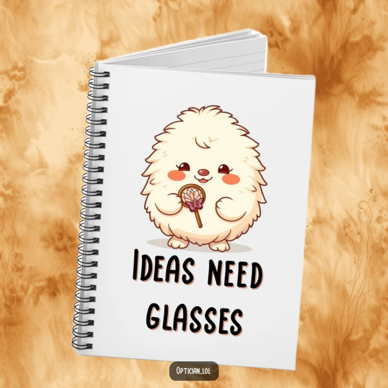 Funny notebook cover featuring a fluffy creature beaming, holding huge glasses, prompting funny thoughts and creative ideas.