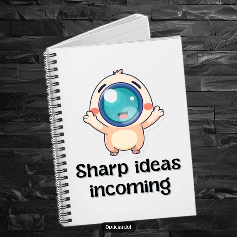 Funny notebook cover with an energetic creature offering a luminous lens, ideal for jotting down brilliant thoughts.