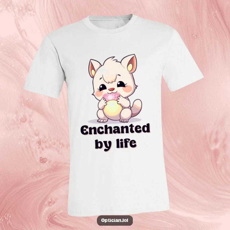 Funny t-shirt featuring an excited creature intently inspecting a radiant, multi-hued orb, capturing a moment of awe.
