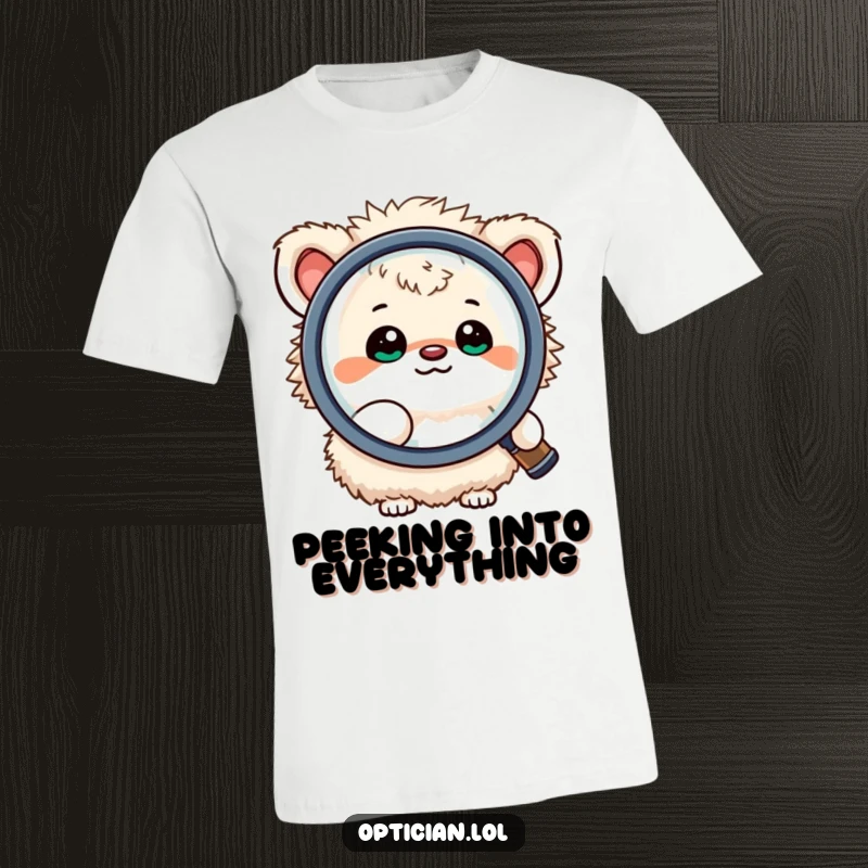 Funny t-shirt depicting a small, fluffy creature happily peering through a large magnifying lens, embodying curiosity and a playful investigative spirit.