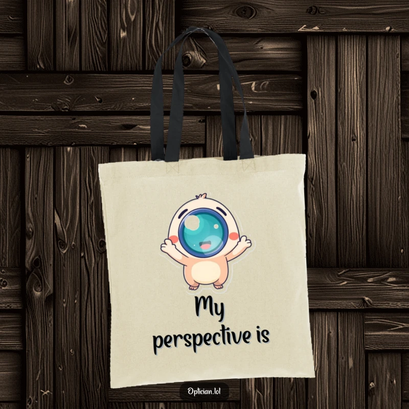 Funny tote bag showing an energetic creature joyfully offering a bright, luminous lens, perfect for carrying inspiration.